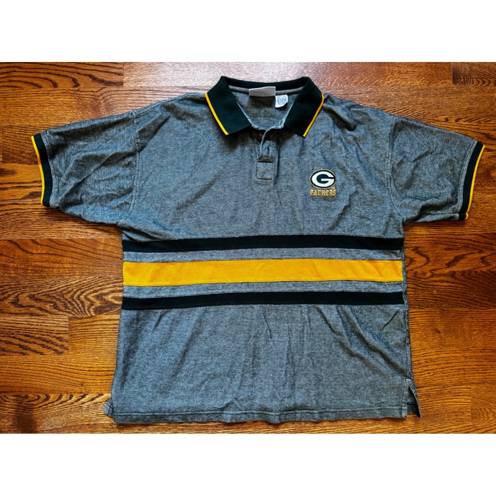 Vintage Logo 7 Green Bay Packers NFL Polo Shirt Mens 2XL Grey Cotton Stripe